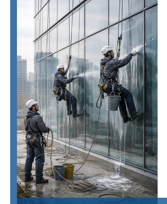 Промышленная мойка панорамных окон на высоте в Северодвинске