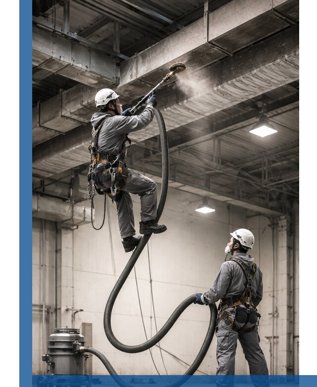 Обеспыливание потолочных конструкций в Северодвинске промышленным альпинизмом