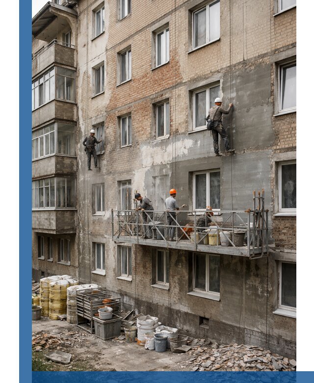 Капитальный ремонт фасада в Северодвинске с восстановлением и гидроизоляцией