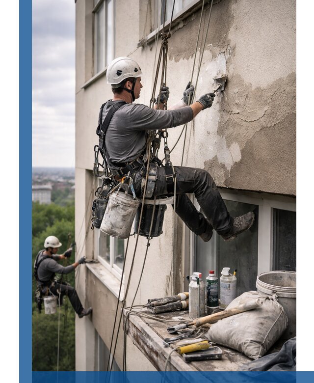 Косметический ремонт фасада зданий в Северодвинске промышленными альпинистами