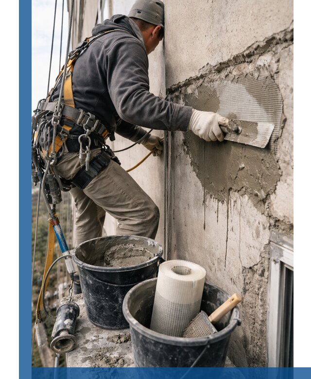 Ремонт бетонных элементов фасада промышленными альпинистами в Северодвинске