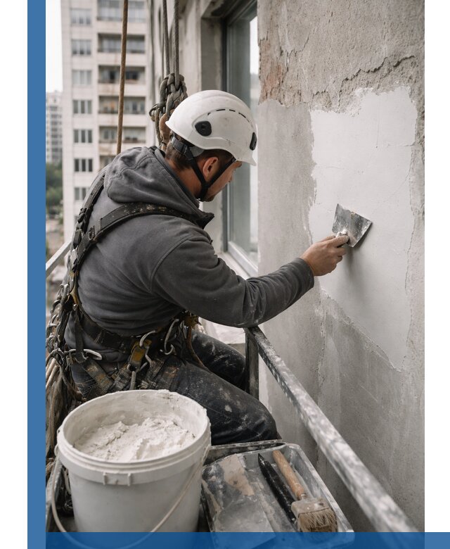 Шпаклевка фасадов на высоте с промальпинистами в Северодвинске