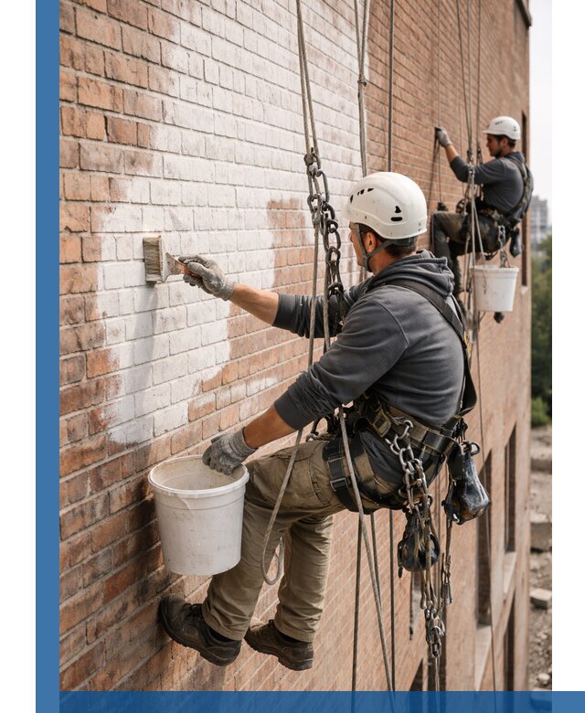 Покраска кирпичного фасада с доступным альпинистским сервисом в Северодвинске