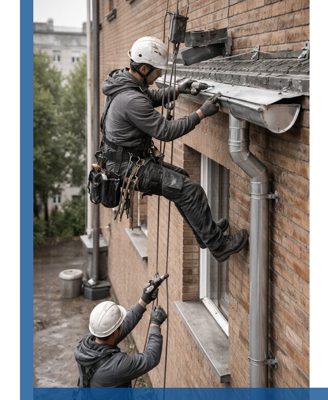 Монтаж водосточной системы на здании в Северодвинске под ключ