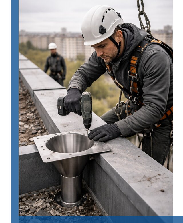 Монтаж водосточных воронок в Северодвинске для промышленных зданий