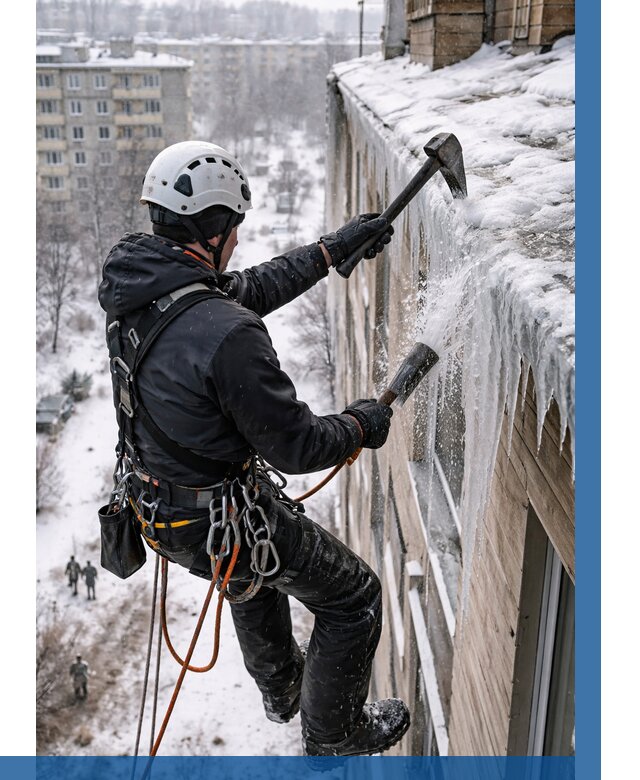 Сбивание сосулек с крыши в Северодвинске по цене от 4554 р. | ВЫСОТНИК-Свр