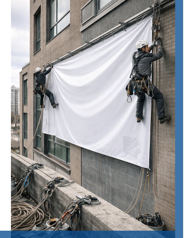 Монтаж баннеров на фасаде в Северодвинске от 658 р. заказать ВЫСОТНИК-Свр