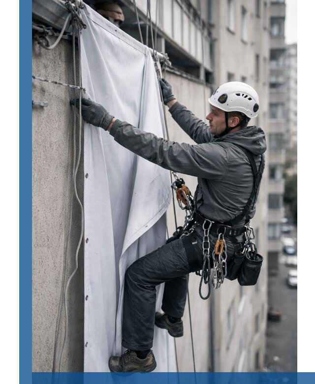 Замена баннерного полотна промышленными альпинистами в Северодвинске