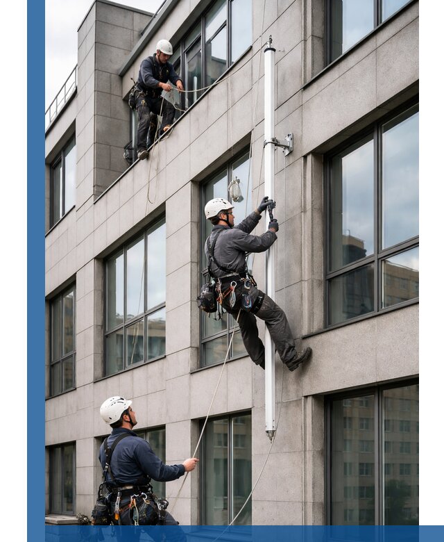 Монтаж флагштока на фасаде здания с креплением и герметикой в Северодвинске
