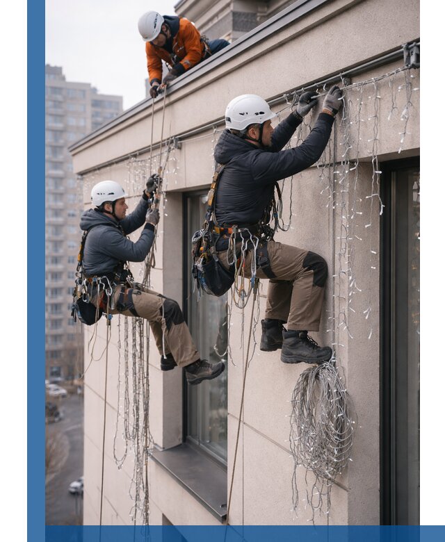 Монтаж праздничных гирлянд на фасаде в Северодвинске для зданий