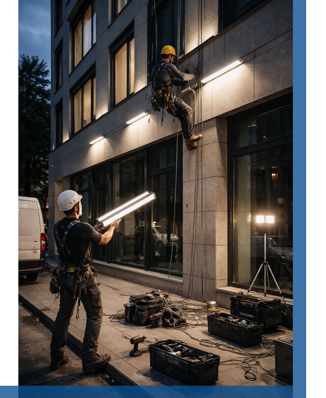 Монтаж архитектурной подсветки здания в Северодвинске от 2530 р.|ВЫСОТНИК-Свр