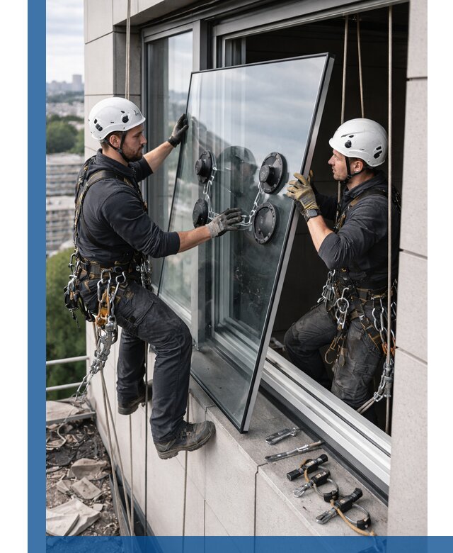 Замена стеклопакетов на высоте с промышленными альпинистами в Северодвинске