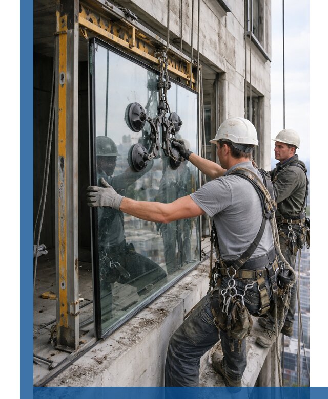 Монтаж стеклопакетов на высоте в Северодвинске с промышленным альпинизмом