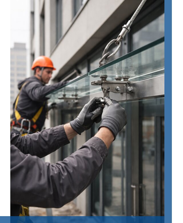 Монтаж стеклянных козырьков в Северодвинске от 8603 р. | ВЫСОТНИК-Свр