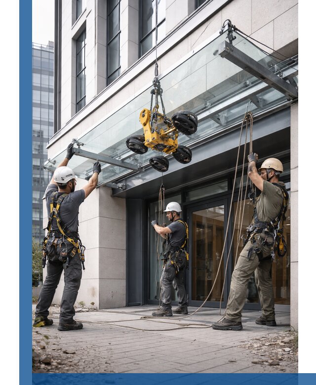 Монтаж стеклянных козырьков под ключ в Северодвинске для зданий