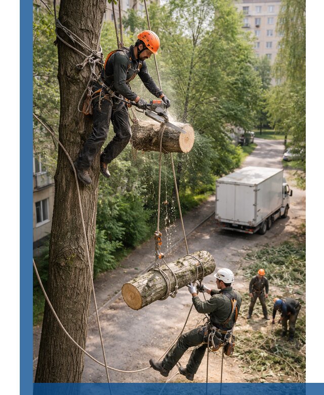 Спил деревьев альпинистами в Северодвинске, безопасно и без повреждений