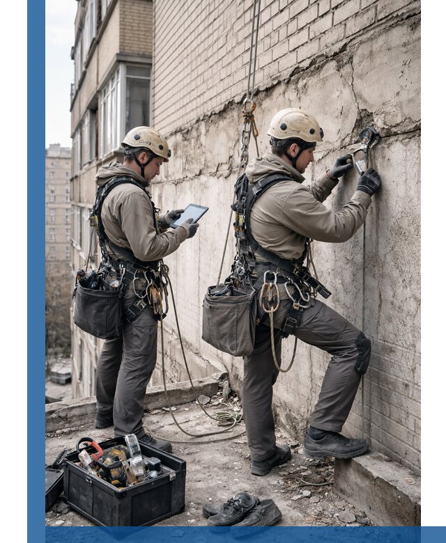 Обследование фасада промышленными альпинистами в Северодвинске